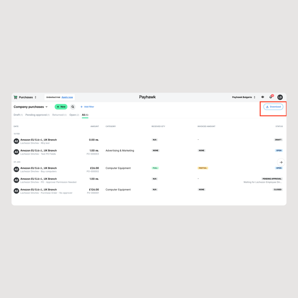 Payhawk's inkooporderexports - inkooporders (en verzoeken) exporteren op basis van "Status" (Open PO, In afwachting van goedkeuring) + PO-export downloaden